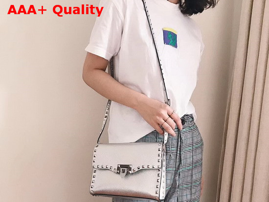 Valentino Garavani Small Rockstud Crossbody Bag in Silver Elk Print Calfskin Leather Replica