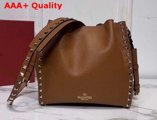 Valentino Garavani Small Rockstud Grainy Calfskin Bucket Bag in Brown Replica