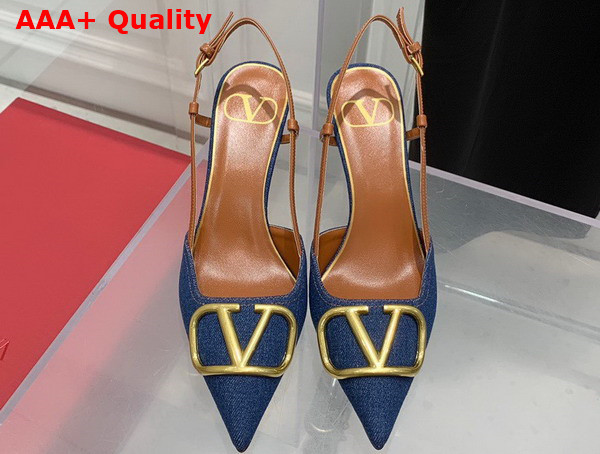 Valentino Garavani Vlogo Signature Denim Slingback Pump 100mm Blue Replica