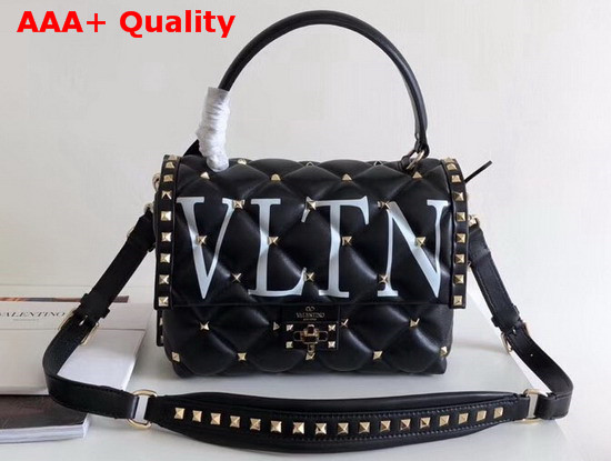 Valentino Medium VLTN Candystud Top Handle Bag in Black with White VLTN Print Replica
