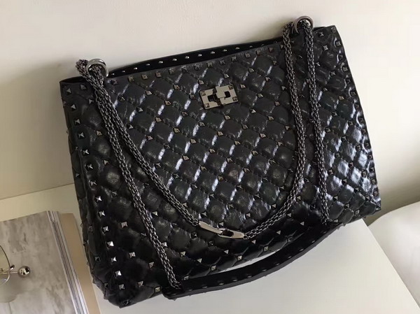 Valentino Rockstud Spike Tote in Black Glossy Lambskin with Gun Metal For Sale