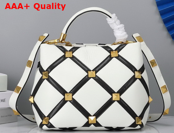 Valentino Roman Stud The Handle Bag in Nappa with Grid Detailing Ivory and Black Replica